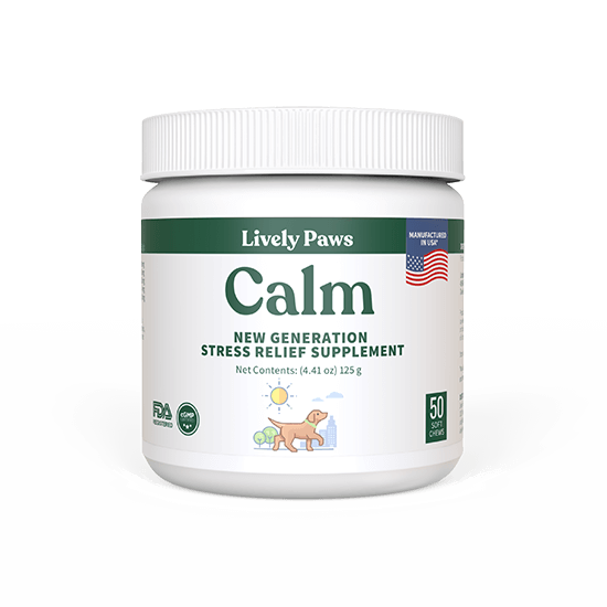 Bottle of Lively Paws Calm stress relief supplement for dogs